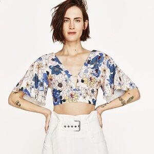 Zara Blue Floral Tie-Back Crop Top